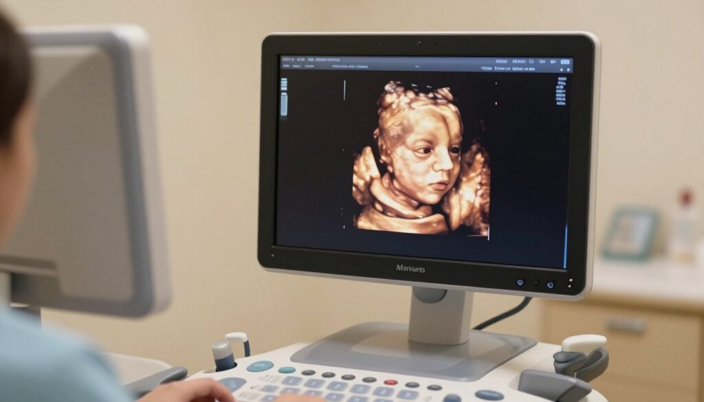 A 3D/4D ultrasound image of a fetus at 20 weeks of pregnancy, showcasing clear and detailed features. The scene is displayed in a serene, softly lit medical environment, with the ultrasound machine prominently in the foreground. The image should depict a well-defined profile of the fetus, capturing the facial features and body contours, surrounded by the contours of the mother's abdomen in the background. Use soft, warm lighting to create a comforting and hopeful atmosphere, and ensure a clear focus on the ultrasound screen, which should display the intricate details of the baby's form. The composition should convey professionalism and tranquility. A 3D/4D ultrasound image of a fetus at 20 weeks of pregnancy, showcasing clear and detailed features. The scene is displayed in a serene, softly lit medical environment, with the ultrasound machine prominently in the foreground. The image should depict a well-defined profile of the fetus, capturing the facial features and body contours, surrounded by the contours of the mother's abdomen in the background. Use soft, warm lighting to create a comforting and hopeful atmosphere, and ensure a clear focus on the ultrasound screen, which should display the intricate details of the baby's form. The composition should convey professionalism and tranquility.