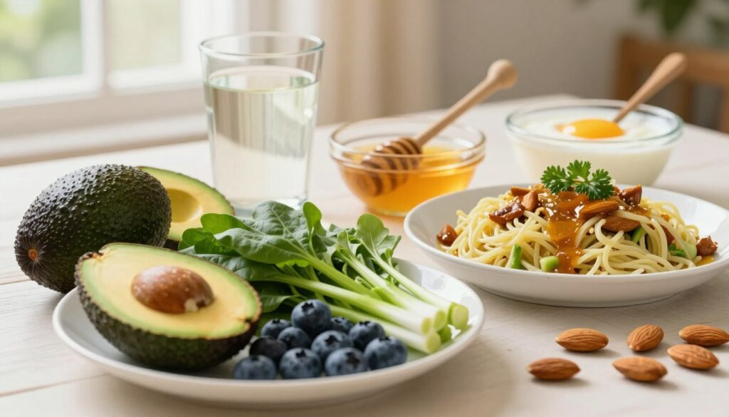 A beautifully arranged table filled with various healing foods that support oral recovery. In the foreground, focus on nutrient-rich ingredients like avocados, blueberries, almonds, and green leafy vegetables neatly placed on a white plate. In the middle ground, a glass of refreshing coconut water and bowls of honey and yogurt sit beside the main dish, creating an inviting atmosphere. In the background, soft natural light filters through a window, casting a warm glow over the scene, enhancing the vivid colors of the fruits and veggies. The overall mood is calming and nurturing, symbolizing healing and care. The composition should be photographed from a slightly elevated angle, emphasizing the freshness and vibrancy of the foods without any people present. A beautifully arranged table filled with various healing foods that support oral recovery. In the foreground, focus on nutrient-rich ingredients like avocados, blueberries, almonds, and green leafy vegetables neatly placed on a white plate. In the middle ground, a glass of refreshing coconut water and bowls of honey and yogurt sit beside the main dish, creating an inviting atmosphere. In the background, soft natural light filters through a window, casting a warm glow over the scene, enhancing the vivid colors of the fruits and veggies. The overall mood is calming and nurturing, symbolizing healing and care. The composition should be photographed from a slightly elevated angle, emphasizing the freshness and vibrancy of the foods without any people present.