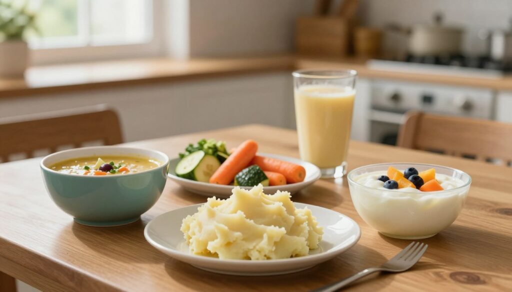 A beautifully arranged table setting showcasing a sample meal plan for a patient recovering from tooth extraction. In the foreground, highlight soft foods such as creamy mashed potatoes, blended soups in colorful bowls, and smooth yogurt with soft fruits. In the middle, include soft-cooked vegetables like carrots and zucchini, alongside a delicate smoothie. The background should feature a cozy kitchen environment with gentle natural lighting streaming in through a window, creating a warm and inviting atmosphere. The composition should use a shallow depth of field to focus on the meal while softly blurring the kitchen elements. Capture the essence of comfort and healing through food, emphasizing a tranquil and soothing mood, perfect for a recovery setting.
