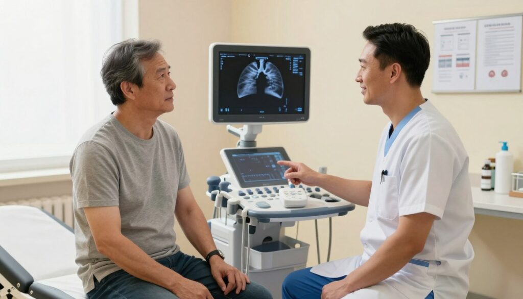 A bright, clean medical examination room prepared for a lung ultrasound. In the foreground, a patient, a middle-aged man in a modest casual shirt, sits on an examination table, looking slightly anxious yet hopeful. A friendly healthcare professional in professional attire stands nearby, holding an ultrasound device, ready to explain the procedure. In the middle ground, an ultrasound machine is prominently displayed, with its screen showing a visual of lung imagery. The background features calming pastel-colored walls, medical charts on the wall, and a window allowing soft natural light to enter. The atmosphere is reassuring and professional, conveying a sense of care and preparation for the ultrasound procedure.