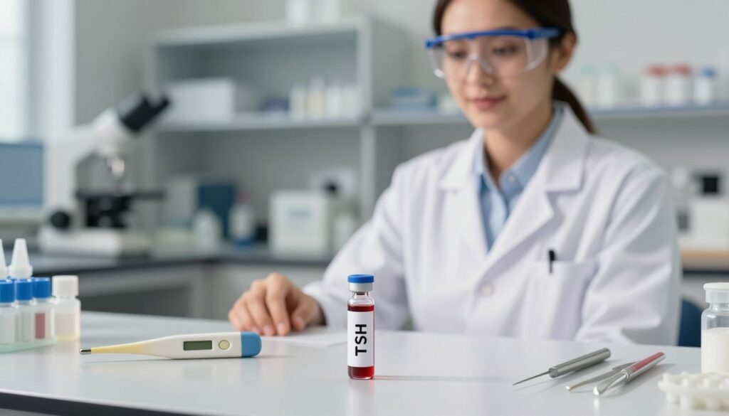A clean and professional medical setting featuring a close-up view of a blood test vial labeled "TSH." In the foreground, a pristine laboratory table displays the vial, flanked by a digital thermometer and a set of sterile medical instruments. The middle ground highlights a confident healthcare professional in a white lab coat, wearing safety glasses, carefully examining the vial, emphasizing diligence and thoroughness in health monitoring. In the background, softly blurred laboratory equipment and shelves filled with medical supplies create an atmosphere of professionalism and precision. Soft, natural lighting casts warm tones across the scene, evoking a sense of trust and reassurance in the medical process. The overall mood is calm and informative, designed to convey the importance of hormone testing in healthcare.