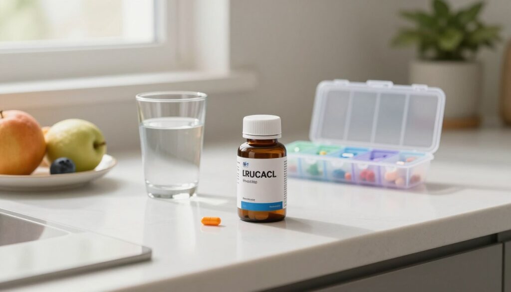 A clean, modern kitchen countertop featuring a bottle of thyroid medication alongside a glass of water and a small dish of fruits. The focus is on the bottle, showcasing its label clearly, emphasizing correct dosage instructions. In the background, a well-organized pill organizer suggests daily routines. Soft, natural lighting filters through a nearby window, creating a warm, inviting atmosphere. A potted plant can be seen in the corner, adding a touch of life to the scene. The overall mood is calm and professional, reflecting the importance of adhering to medication protocols. The angle captures the countertop from a slight elevation, providing a comprehensive view of the elements without any distractions or text.