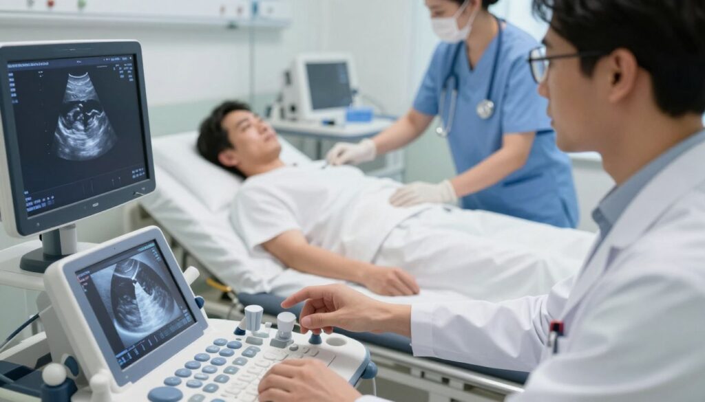 A clinical scene depicting the application of lung ultrasound in emergency diagnostics. In the foreground, a medical professional, dressed in a white coat and glasses, closely examines a lung ultrasound image on a portable ultrasound machine, illustrating a focused and attentive demeanor. In the middle ground, a patient lies comfortably on an examination bed, fully clothed, while another healthcare worker prepares to assist with the procedure. The background features a well-equipped hospital room with medical tools and monitors, illuminated by soft, natural light to create a calm, professional atmosphere. Use a slightly angled shot to capture both the ultrasound machine and the engaged expressions of the medical staff. The overall mood conveys urgency yet professionalism, emphasizing the importance of lung ultrasound in acute medical situations.