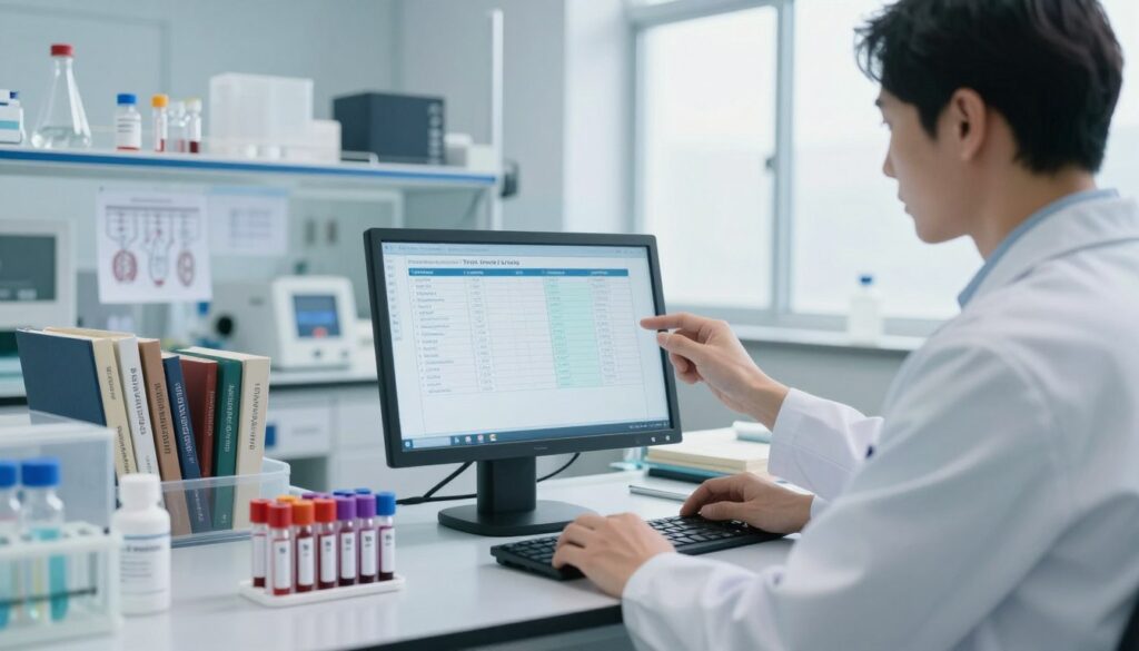A clinical setting depicting a medical professional in a lab coat examining thyroid hormone test results displayed on a digital screen. In the foreground, a set of blood test vials labeled with indicators for TSH and biotin. The middle ground features a modern laboratory with scientific equipment, books on endocrinology, and charts showing hormonal levels. In the background, large windows allow natural light to stream in, creating a bright and sterile environment. The atmosphere should feel professional and focused, emphasizing the seriousness of thyroid health and the impact of biotin supplementation on test results. Use soft, diffused lighting to enhance the clarity of the scene, and position the view slightly from an angle to capture depth.