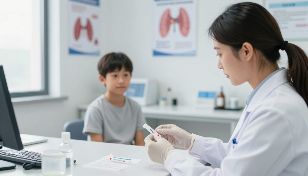 A clinical setting depicting a medical professional preparing to conduct a TSH level test. In the foreground, a healthcare worker in a lab coat and gloves is organizing lab equipment, including a blood test kit, on a clean, sterile countertop. In the middle, a patient, a child around 8 years old, is calmly seated, wearing a modest shirt and looking reassured. The background features a well-lit, modern examination room with medical posters about thyroid health. Soft, natural light filters through a window, creating a calm atmosphere. The angle is slightly overhead, providing a comprehensive view of the scene without overcrowding, emphasizing the importance of medical preparation in a professional, safe environment. The overall mood is focused and informative, suitable for an educational article. A clinical setting depicting a medical professional preparing to conduct a TSH level test. In the foreground, a healthcare worker in a lab coat and gloves is organizing lab equipment, including a blood test kit, on a clean, sterile countertop. In the middle, a patient, a child around 8 years old, is calmly seated, wearing a modest shirt and looking reassured. The background features a well-lit, modern examination room with medical posters about thyroid health. Soft, natural light filters through a window, creating a calm atmosphere. The angle is slightly overhead, providing a comprehensive view of the scene without overcrowding, emphasizing the importance of medical preparation in a professional, safe environment. The overall mood is focused and informative, suitable for an educational article.