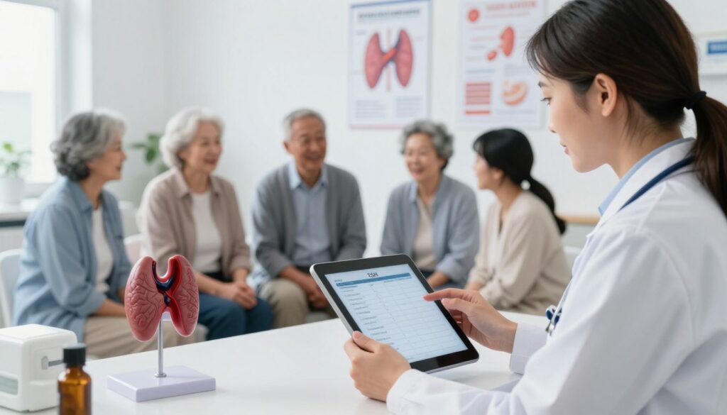 A clinical setting showcasing the significance of TSH testing in thyroid disease diagnosis. In the foreground, a focused healthcare professional in a white lab coat examines a test result displayed on a tablet, surrounded by thyroid anatomy models and lab equipment. In the middle ground, a small group of diverse patients of varying ages, from middle-aged adults to seniors, are conversing with another medical professional, emphasizing the importance of age and health context in interpreting TSH levels. The background features bright, sterile white walls with posters depicting thyroid functions. Soft, natural lighting illuminates the scene, creating an informative and hopeful atmosphere, captured from a slightly elevated angle to provide a comprehensive view of the setting.