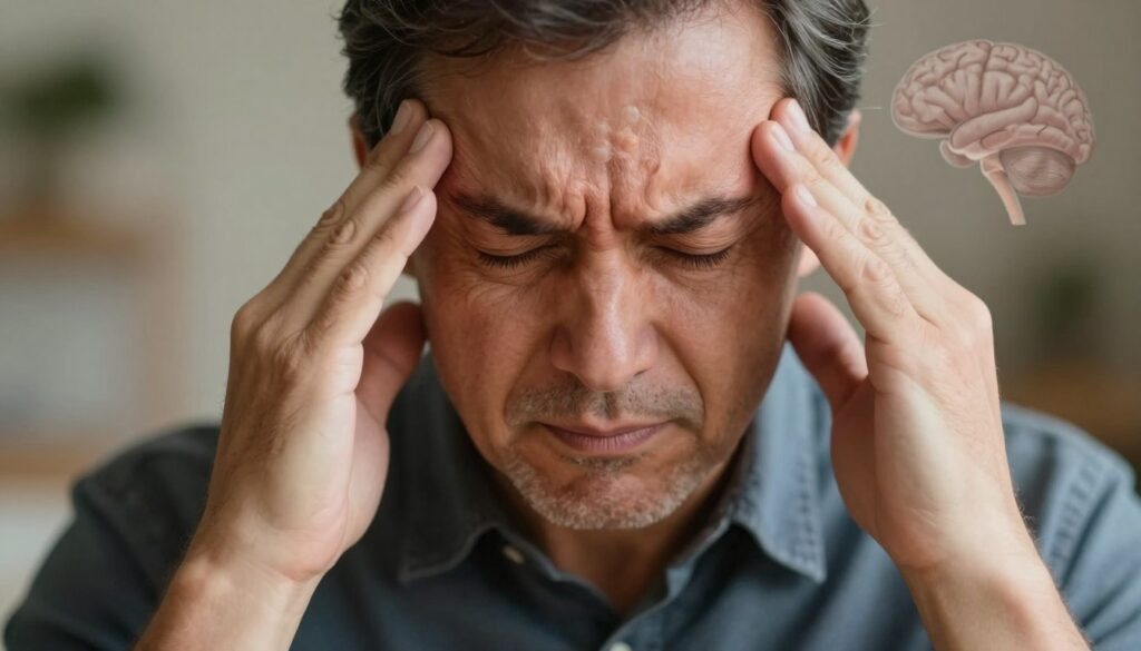A close-up depiction of a person experiencing a headache, emphasizing the sensation's intensity. The foreground shows a middle-aged individual with a pained expression, wearing a smart casual outfit. In the middle ground, subtle anatomical illustrations of the human brain's regions related to pain are lightly blended, hinting at the connection to the clinical symptoms of a chromaffin tumor. The background is softly blurred to focus on the subject, with warm, ambient lighting that conveys a sense of discomfort and anxiety. The overall atmosphere should evoke empathy, highlighting the struggle with headache symptoms while maintaining a professional and informative tone suitable for a medical article. A close-up depiction of a person experiencing a headache, emphasizing the sensation's intensity. The foreground shows a middle-aged individual with a pained expression, wearing a smart casual outfit. In the middle ground, subtle anatomical illustrations of the human brain's regions related to pain are lightly blended, hinting at the connection to the clinical symptoms of a chromaffin tumor. The background is softly blurred to focus on the subject, with warm, ambient lighting that conveys a sense of discomfort and anxiety. The overall atmosphere should evoke empathy, highlighting the struggle with headache symptoms while maintaining a professional and informative tone suitable for a medical article.