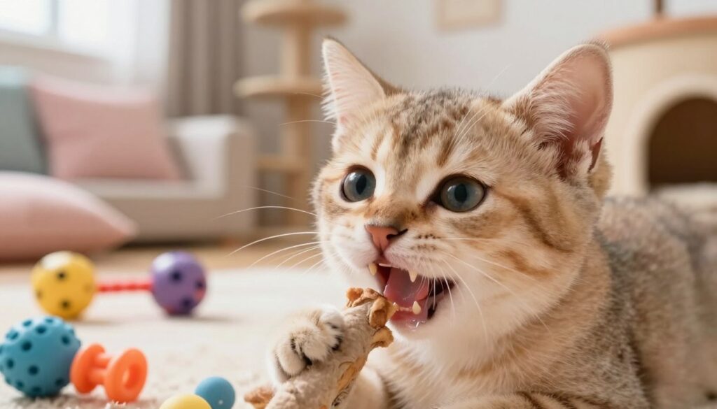A close-up illustration of a young kitten experiencing the symptoms of teething, emphasizing its cute, expressive face. In the foreground, show the kitten chewing on a soft toy and displaying slightly drooled, tender gums revealing a mix of baby teeth and emerging adult ones. In the middle ground, a playful scene includes a variety of chewable items scattered around, like rubber toys and dental treats, highlighting the kitten’s urge to chew. The background features a cozy, sunlight-drenched living room, with soft pillows and a cat tree, creating a warm, reassuring atmosphere. The lighting is soft and bright, capturing the innocence of the kitten’s experience. The mood is playful yet nurturing, perfect for illustrating the challenges of teething in a playful pet.
