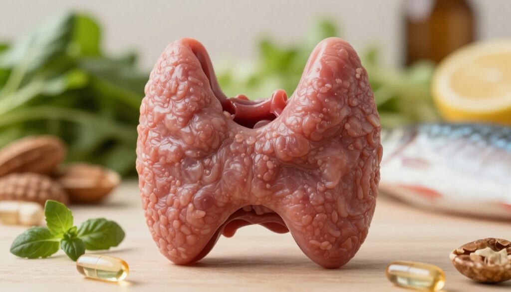A close-up image of a human thyroid gland, intricately detailed, set against a softly blurred background of various healthy foods like leafy greens, nuts, and fish. The thyroid should be rendered in realistic anatomy, showcasing its distinctive butterfly shape, with light glancing off its surface to highlight texture and form. In the foreground, a few herbs and vitamins can be gently placed, suggesting a connection to natural treatment and dietary support. The lighting is warm and inviting, creating a serene atmosphere that conveys health and wellness. Use a shallow depth of field to emphasize the thyroid while softly fading the background, enhancing the focus on the gland as a symbol of health in the context of pregnancy planning. A close-up image of a human thyroid gland, intricately detailed, set against a softly blurred background of various healthy foods like leafy greens, nuts, and fish. The thyroid should be rendered in realistic anatomy, showcasing its distinctive butterfly shape, with light glancing off its surface to highlight texture and form. In the foreground, a few herbs and vitamins can be gently placed, suggesting a connection to natural treatment and dietary support. The lighting is warm and inviting, creating a serene atmosphere that conveys health and wellness. Use a shallow depth of field to emphasize the thyroid while softly fading the background, enhancing the focus on the gland as a symbol of health in the context of pregnancy planning.
