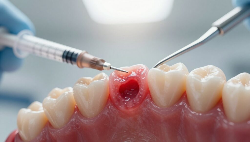 A close-up of a dental abscess characterized by swelling around a tooth, showcasing a red inflamed area with a slight sheen of moisture. In the foreground, depict the tooth visibly affected by the abscess, with subtle details emphasizing the texture of an inflamed gum line. The middle ground can have dental tools, such as a syringe and scaling instruments, hinting at dental care. The background should be softly blurred, representing a clinical atmosphere with muted colors, emphasizing cleanliness and sterility. Bright, diffused lighting should illuminate the scene from the top, creating a clinical yet somber mood, evoking a sense of urgency and caution against self-treatment. A close-up of a dental abscess characterized by swelling around a tooth, showcasing a red inflamed area with a slight sheen of moisture. In the foreground, depict the tooth visibly affected by the abscess, with subtle details emphasizing the texture of an inflamed gum line. The middle ground can have dental tools, such as a syringe and scaling instruments, hinting at dental care. The background should be softly blurred, representing a clinical atmosphere with muted colors, emphasizing cleanliness and sterility. Bright, diffused lighting should illuminate the scene from the top, creating a clinical yet somber mood, evoking a sense of urgency and caution against self-treatment.
