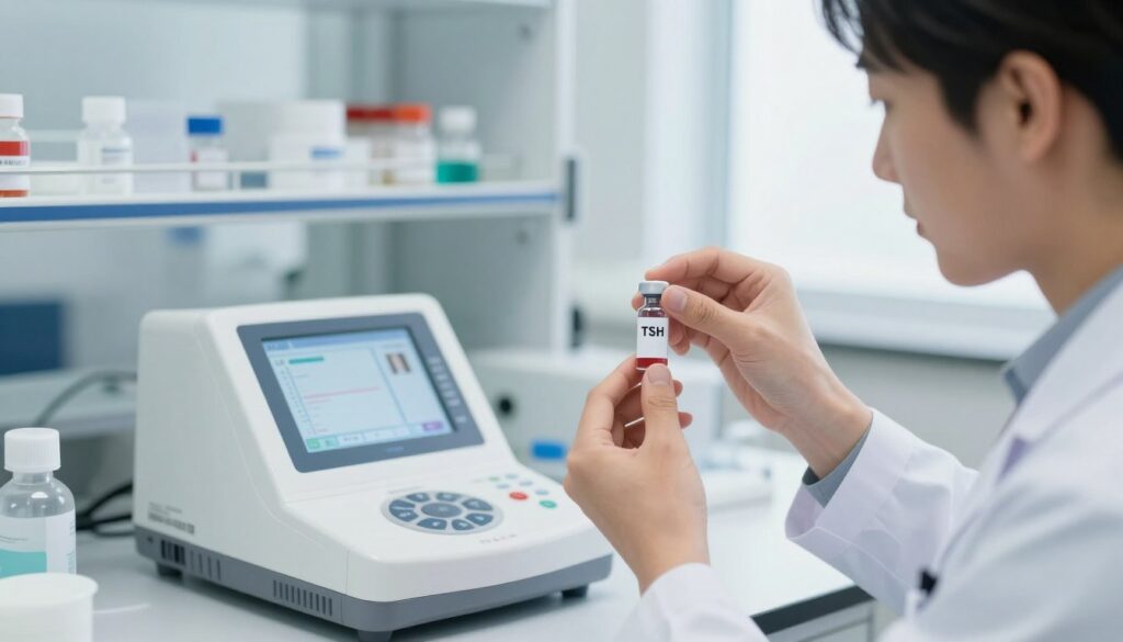 A close-up of a medical professional in a clinical setting, wearing a white lab coat and holding a small vial labeled "TSH" next to a modern blood testing device. The foreground features the professional with an attentive expression, focusing on the vial. In the middle, the blood testing device displays digital readouts of TSH levels, surrounded by laboratory equipment. The background shows a bright, well-lit laboratory with shelves of medical supplies and research samples. Soft, natural lighting enhances the sterile atmosphere, suggesting a sense of professionalism and trust. The overall mood is informative and clinical, aimed at conveying the importance of TSH testing in medical practice. A close-up of a medical professional in a clinical setting, wearing a white lab coat and holding a small vial labeled "TSH" next to a modern blood testing device. The foreground features the professional with an attentive expression, focusing on the vial. In the middle, the blood testing device displays digital readouts of TSH levels, surrounded by laboratory equipment. The background shows a bright, well-lit laboratory with shelves of medical supplies and research samples. Soft, natural lighting enhances the sterile atmosphere, suggesting a sense of professionalism and trust. The overall mood is informative and clinical, aimed at conveying the importance of TSH testing in medical practice.