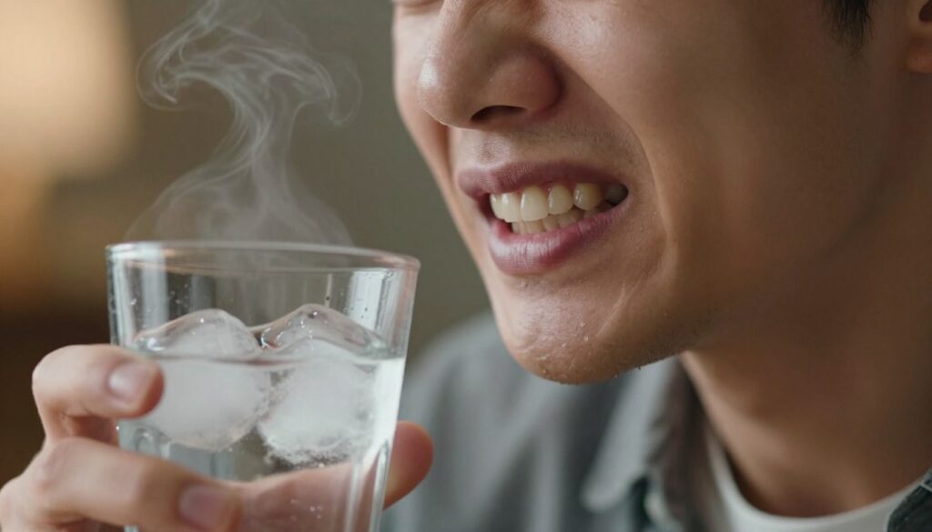 A close-up of a person's mouth showing a grimace of discomfort, signifying tooth sensitivity. The foreground features a hand gently holding a glass of cold water, with ice cubes visibly swirling inside, creating a sense of pain associated with cold beverages. The middle ground includes a blurred view of a plate with steaming hot food, representing the challenge of eating. In the background, soft ambient lighting casts a warm glow, contrasting with the expression of discomfort. The focus is sharp on the person's face, highlighting their facial expression, while a shallow depth of field adds a dreamy quality. The atmosphere is tense yet relatable, illustrating the struggle of dealing with sensitive teeth during meals.
