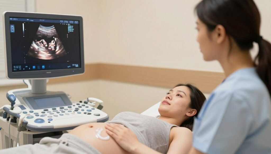 A close-up scene depicting a detailed ultrasound examination of a fetus, showcasing the measurement of the abdominal circumference. In the foreground, a professional female sonographer, dressed in a modest medical scrubs, focuses intently on the ultrasound screen displaying a clear image of the fetal abdomen. In the middle ground, the ultrasound machine is visible, with gel applied on the patient's abdomen. The pregnant patient, wearing a simple, comfortable top, is reclining on the examination table, looking relaxed. The background features a softly lit clinical environment with calming colors, emphasizing a sense of professionalism and care. The lighting is warm and natural, highlighting the gentle interaction between the sonographer and the patient, conveying a sense of trust and comfort in the medical setting. A close-up scene depicting a detailed ultrasound examination of a fetus, showcasing the measurement of the abdominal circumference. In the foreground, a professional female sonographer, dressed in a modest medical scrubs, focuses intently on the ultrasound screen displaying a clear image of the fetal abdomen. In the middle ground, the ultrasound machine is visible, with gel applied on the patient's abdomen. The pregnant patient, wearing a simple, comfortable top, is reclining on the examination table, looking relaxed. The background features a softly lit clinical environment with calming colors, emphasizing a sense of professionalism and care. The lighting is warm and natural, highlighting the gentle interaction between the sonographer and the patient, conveying a sense of trust and comfort in the medical setting.