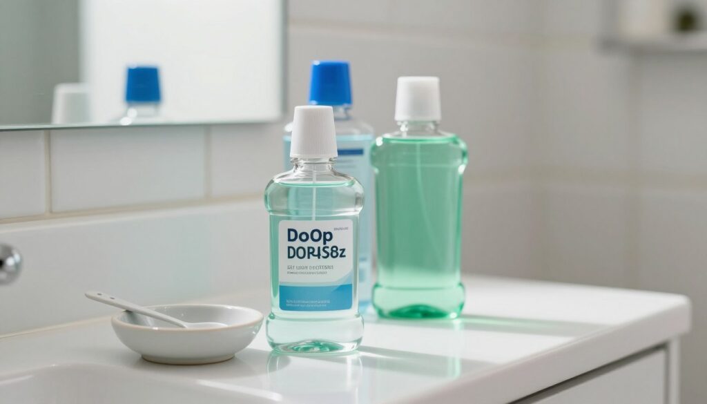 A close-up scene depicting a variety of mouth rinses displayed on a clean, white bathroom counter. In the foreground, an elegant glass bottle of mouthwash with a detailed label showcasing its ingredients, alongside a small ceramic dish with a teaspoon for measuring. The middle ground features two more mouth rinse bottles, one with a bright blue cap and the other a calming green. Soft natural light filters through a nearby window, casting gentle reflections and creating a serene atmosphere. In the background, blurred tiles of the bathroom add to the fresh, hygienic ambiance, subtly hinting at a sense of routine dental care. The overall mood should be calm and inviting, emphasizing the role of mouth rinses in daily oral hygiene.