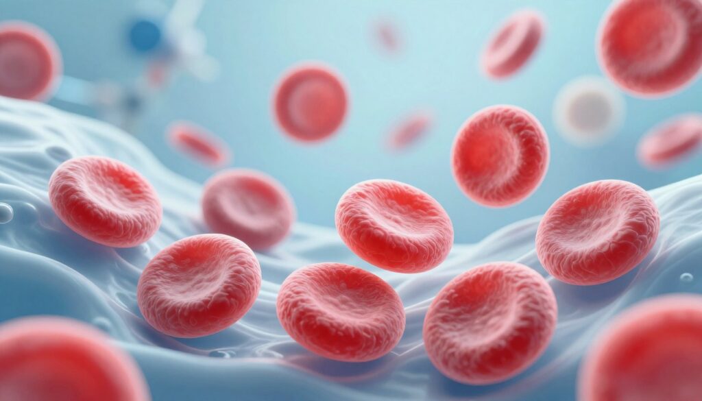 A close-up, scientific illustration of blood platelets (płytki krwi) in a vibrant, detailed depiction. The foreground features platelets in a dynamic arrangement, showcasing their characteristic disc shape and irregular surfaces, against a contrasting backdrop of fluid, swirling plasma. In the middle ground, subtle hints of red and white blood cells can be seen, illustrating their relationship in the blood composition. The background should be a soft-focus gradient of light blue and white tones, simulating a laboratory environment. The lighting should be bright and clinical, emphasizing the structure of the platelets, with a slight spotlight effect to draw attention to their intricate details. The overall mood is informative and professional, reflecting the significance of platelets in the coagulation process. A close-up, scientific illustration of blood platelets (płytki krwi) in a vibrant, detailed depiction. The foreground features platelets in a dynamic arrangement, showcasing their characteristic disc shape and irregular surfaces, against a contrasting backdrop of fluid, swirling plasma. In the middle ground, subtle hints of red and white blood cells can be seen, illustrating their relationship in the blood composition. The background should be a soft-focus gradient of light blue and white tones, simulating a laboratory environment. The lighting should be bright and clinical, emphasizing the structure of the platelets, with a slight spotlight effect to draw attention to their intricate details. The overall mood is informative and professional, reflecting the significance of platelets in the coagulation process.