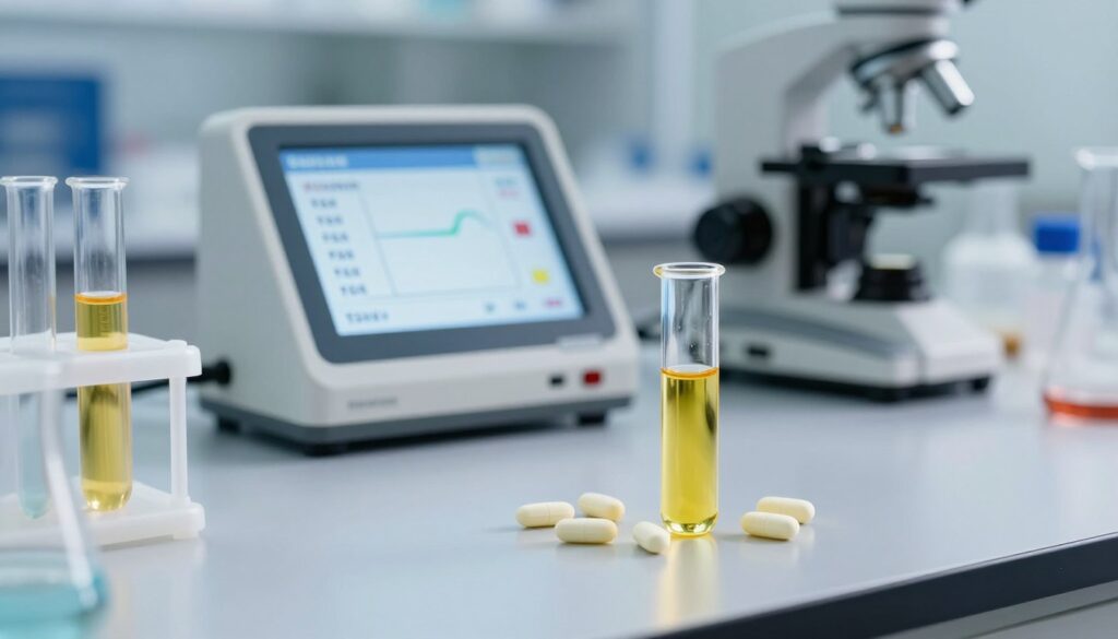 A close-up shot of various laboratory test tubes and vials on a sleek, modern lab bench. In the foreground, a test tube filled with a bright yellow liquid symbolizes biotin supplements, surrounded by scattered biotin pills. The middle layer features a digital display screen showing laboratory results with fluctuating values related to thyroid hormones like TSH. The background includes blurred laboratory equipment, such as microscopes and beakers, to emphasize a scientific atmosphere. Soft, focused lighting illuminates the scene, creating a professional and clean ambiance, with a shallow depth of field highlighting the biotin elements. The overall mood is serious and informative, reflecting the importance of accuracy in laboratory testing.