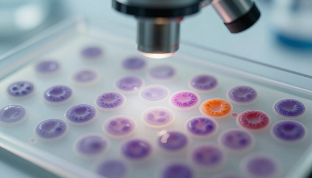 A close-up view of a blood smear, highlighting various types of lymphocytes under a microscopic lens. The foreground features an array of stained blood cells with distinct characteristics, including T-cells and B-cells, displaying their unique shapes and sizes. The middle section shows a transparent microscope slide, with focus on the vibrant colors of the stain used to differentiate the cell types, creating a striking visual contrast against the background. The background is softly blurred to emphasize the smear and maintain a professional laboratory setting, illuminated with cool, natural lighting to enhance the details. The overall mood is scientific and analytical, suitable for a clinical diagnostic context.