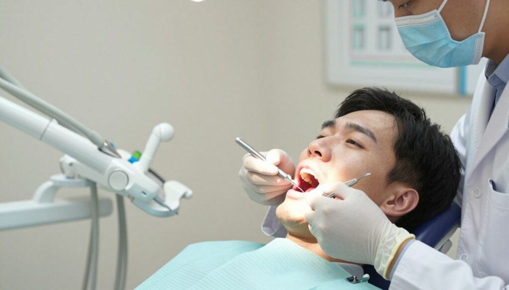 A close-up view of a dental clinic scene, focusing on a dental professional in a white coat and gloves, gently extracting a wisdom tooth from a patient. The foreground features sterile dental tools and extraction equipment, illuminated by soft, bright lighting, highlighting the clinical precision. The patient, in a relaxed yet slight tension, is seated in a modern dental chair, wearing a protective bib. In the background, a clean and minimalistic dental office with light-colored walls and dental charts can be seen. The atmosphere is calm, with a sense of professionalism and care, aimed at conveying a reassuring approach to the pain associated with wisdom tooth removal. A close-up view of a dental clinic scene, focusing on a dental professional in a white coat and gloves, gently extracting a wisdom tooth from a patient. The foreground features sterile dental tools and extraction equipment, illuminated by soft, bright lighting, highlighting the clinical precision. The patient, in a relaxed yet slight tension, is seated in a modern dental chair, wearing a protective bib. In the background, a clean and minimalistic dental office with light-colored walls and dental charts can be seen. The atmosphere is calm, with a sense of professionalism and care, aimed at conveying a reassuring approach to the pain associated with wisdom tooth removal.