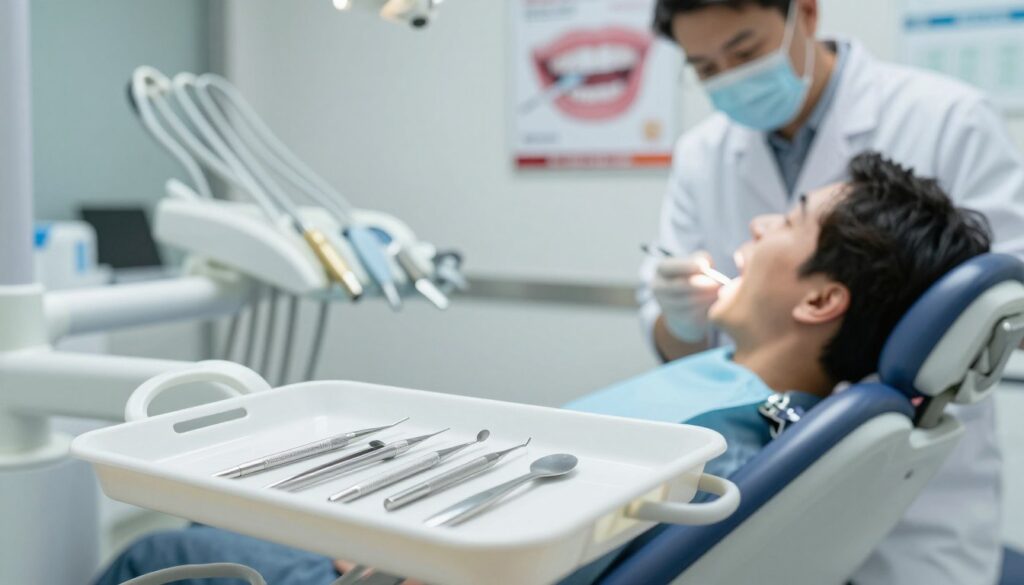 A close-up view of a dental clinic setting, focusing on a dental chair equipped for tooth extraction, emphasizing a clean and sterile environment. In the foreground, display dental instruments like forceps and scalpel neatly arranged on a white surgical tray. In the middle ground, a dentist in professional attire examines a patient, their face visible but not detailed. The background should show a softly lit dental office with posters about oral health and possible post-extraction complications, creating an informative yet calming atmosphere. The lighting should be bright but not harsh, capturing a sense of professionalism and care. Overall, the image conveys a sense of safety and awareness in dental procedures. A close-up view of a dental clinic setting, focusing on a dental chair equipped for tooth extraction, emphasizing a clean and sterile environment. In the foreground, display dental instruments like forceps and scalpel neatly arranged on a white surgical tray. In the middle ground, a dentist in professional attire examines a patient, their face visible but not detailed. The background should show a softly lit dental office with posters about oral health and possible post-extraction complications, creating an informative yet calming atmosphere. The lighting should be bright but not harsh, capturing a sense of professionalism and care. Overall, the image conveys a sense of safety and awareness in dental procedures.