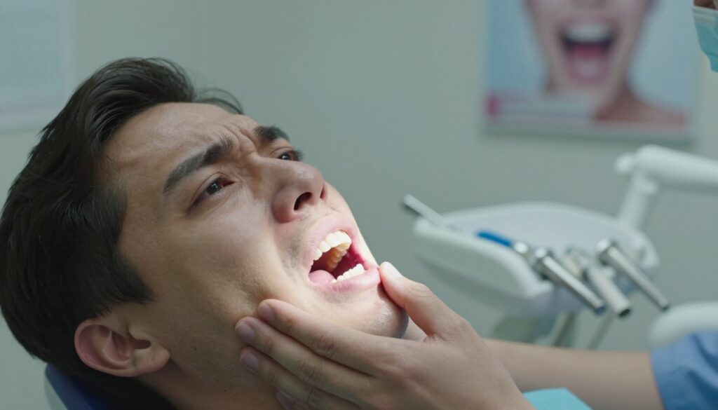 A close-up view of a dental patient's face, showing a concerned expression after tooth extraction, highlighting the discomfort associated with it. The foreground features the patient holding their jaw gently with one hand, wearing a professional casual shirt. In the middle ground, a dental chair and tools are subtly visible, emphasizing the dental setting. The background shows blurred medical posters related to dental care. Soft, diffused lighting creates a calming effect, with a focus on the emotional element of the experience. The overall mood conveys both discomfort and the anticipation of healing, aimed to resonate with the topic of pain management after tooth extraction. A close-up view of a dental patient's face, showing a concerned expression after tooth extraction, highlighting the discomfort associated with it. The foreground features the patient holding their jaw gently with one hand, wearing a professional casual shirt. In the middle ground, a dental chair and tools are subtly visible, emphasizing the dental setting. The background shows blurred medical posters related to dental care. Soft, diffused lighting creates a calming effect, with a focus on the emotional element of the experience. The overall mood conveys both discomfort and the anticipation of healing, aimed to resonate with the topic of pain management after tooth extraction.