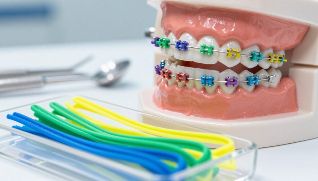 A close-up view of a dental setup focusing on various orthodontic ligatures in an array of vibrant colors, showcasing their visual impact on a bright set of teeth. In the foreground, display a clear, well-lit tray filled with ligatures in shades of blue, green, and yellow, glistening under bright overhead lighting. The middle ground captures a dental model with braces, featuring ligatures in the same colors applied on neatly arranged brackets, emphasizing how they complement the white teeth. The background consists of a softly blurred dental clinic environment, with tools and equipment subtly hinted at to convey a professional atmosphere. The lighting should be bright and inviting, capturing a clean and clinical feel that reflects the importance of color choices in orthodontics, evoking a mood of positivity and freshness. A close-up view of a dental setup focusing on various orthodontic ligatures in an array of vibrant colors, showcasing their visual impact on a bright set of teeth. In the foreground, display a clear, well-lit tray filled with ligatures in shades of blue, green, and yellow, glistening under bright overhead lighting. The middle ground captures a dental model with braces, featuring ligatures in the same colors applied on neatly arranged brackets, emphasizing how they complement the white teeth. The background consists of a softly blurred dental clinic environment, with tools and equipment subtly hinted at to convey a professional atmosphere. The lighting should be bright and inviting, capturing a clean and clinical feel that reflects the importance of color choices in orthodontics, evoking a mood of positivity and freshness.