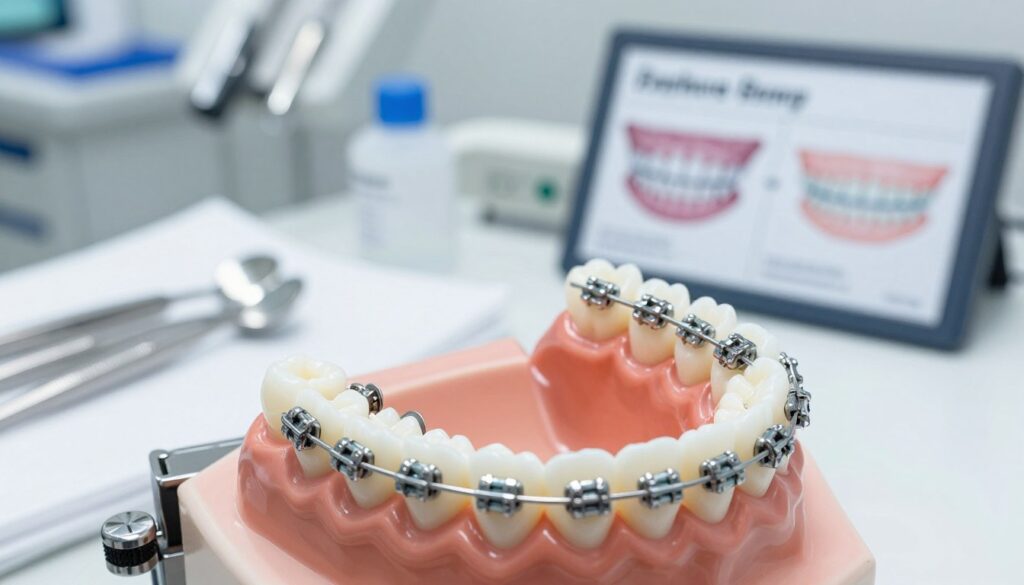 A close-up view of a detailed orthodontic setup showcasing a modern metal braces system on a clean, professional dental model. In the foreground, focus on the intricacies of the brackets and wires, with reflections highlighting their metallic sheen. The middle background should feature a dentist's office equipped with dental tools and an orthodontic chart discussing treatment timelines. Soft, natural lighting should illuminate the scene, creating a sterile, professional atmosphere. Capture the image from a slightly elevated angle to emphasize the braces while maintaining a clear view of the surrounding dental workspace. Set the mood to be informative yet inviting, suitable for a healthcare article about orthodontic treatments. A close-up view of a detailed orthodontic setup showcasing a modern metal braces system on a clean, professional dental model. In the foreground, focus on the intricacies of the brackets and wires, with reflections highlighting their metallic sheen. The middle background should feature a dentist's office equipped with dental tools and an orthodontic chart discussing treatment timelines. Soft, natural lighting should illuminate the scene, creating a sterile, professional atmosphere. Capture the image from a slightly elevated angle to emphasize the braces while maintaining a clear view of the surrounding dental workspace. Set the mood to be informative yet inviting, suitable for a healthcare article about orthodontic treatments.