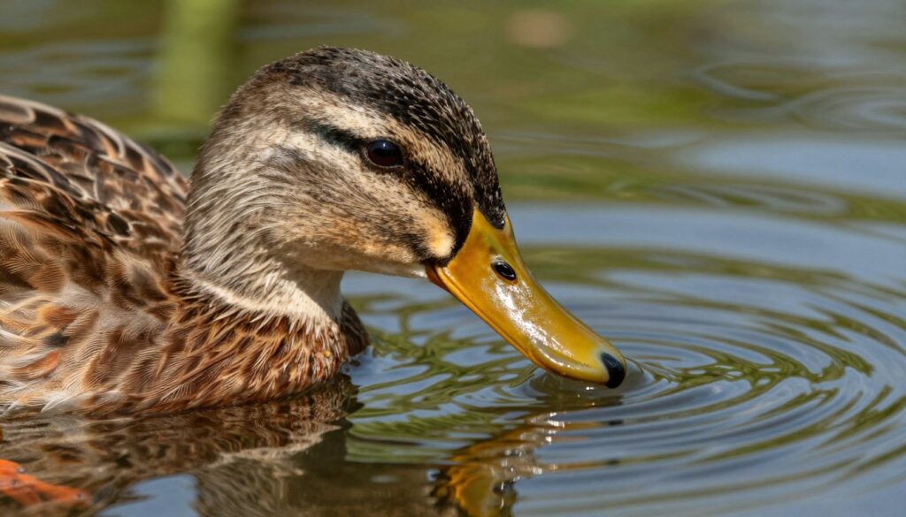 A close-up view of a duck's beak, showcasing the intricate lamellae structure used for filtering food from water. The foreground features the duck's beak submerged in clear water, with light refracting off the surface, creating a vivid play of reflections. In the middle, the lamellae are prominently displayed, revealing their comb-like texture and subtle color gradations. The background consists of a serene pond environment with gentle ripples and soft green foliage reflecting the light, emphasizing a natural setting. The lighting is soft and warm, evoking a calm atmosphere, while a shallow depth of field focuses on the beak and lamellae, creating a sense of intimacy and detail in the scene.