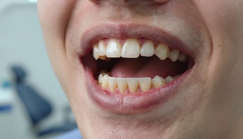 A close-up view of a human mouth exhibiting signs of early dental decay, featuring visible cavities and plaque buildup on the teeth. The focus is on the molars and premolars, highlighting the intricate details of the tooth enamel and surrounding gums, which show signs of infection. Soft, diffused lighting illuminates the mouth, casting gentle shadows that accentuate the texture of the teeth and gums. In the background, a blurred dental clinic setting offers a medical atmosphere, with faint outlines of dental tools and a chair. The overall mood is serious and clinical, aiming to convey the impact of bacterial infections on oral health and its potential effects on overall well-being. A close-up view of a human mouth exhibiting signs of early dental decay, featuring visible cavities and plaque buildup on the teeth. The focus is on the molars and premolars, highlighting the intricate details of the tooth enamel and surrounding gums, which show signs of infection. Soft, diffused lighting illuminates the mouth, casting gentle shadows that accentuate the texture of the teeth and gums. In the background, a blurred dental clinic setting offers a medical atmosphere, with faint outlines of dental tools and a chair. The overall mood is serious and clinical, aiming to convey the impact of bacterial infections on oral health and its potential effects on overall well-being.
