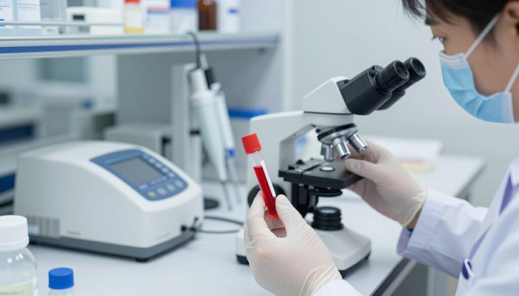 A close-up view of a laboratory scene focused on blood analysis, featuring a clear vial filled with bright red blood that emphasizes the concentration of hemoglobin. In the foreground, a skilled laboratory technician in a white coat is carefully examining the vial with a microscope. In the middle ground, there are various analytical instruments, such as a hematology analyzer and pipettes, arranged neatly on a clean, modern lab bench. The background should depict shelves stocked with medical supplies and research materials, with soft, diffused lighting that creates a sterile and professional atmosphere. Capture the scene from a slightly elevated angle, highlighting the intricacies of the blood analysis process while maintaining a focus on the hemoglobin concentration study.
