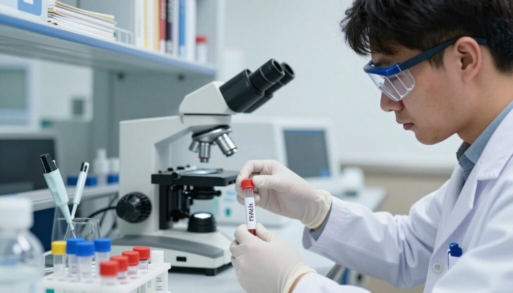 A close-up view of a medical laboratory setting emphasizing the testing of TRAb antibodies. In the foreground, a scientist in a white lab coat, wearing protective goggles and gloves, carefully mixes samples in a test tube. The middle ground showcases a modern laboratory bench filled with scientific equipment, including a microscope, pipettes, and labeled vials. In the background, shelves are stocked with medical books and research articles related to thyroid studies, creating an academic atmosphere. Soft, diffused lighting illuminates the scene, highlighting the precision and professionalism of the environment. The mood conveys curiosity and seriousness, capturing the essence of medical research and patient care.