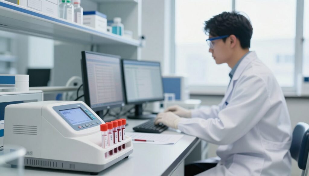 A close-up view of a modern laboratory setting, focusing on thyroid function tests. In the foreground, a well-organized lab table displays various blood sample tubes alongside a digital analyzer showing results of TSH levels. In the middle ground, a professional lab technician in white lab coat, wearing gloves and safety glasses, is analyzing data on a computer screen, displaying lab results. The background features shelves filled with medical equipment and a large window, letting in bright, natural light, creating a lively atmosphere. The overall mood conveys professionalism and precision in medical diagnostics, emphasizing the importance of understanding thyroid function. A close-up view of a modern laboratory setting, focusing on thyroid function tests. In the foreground, a well-organized lab table displays various blood sample tubes alongside a digital analyzer showing results of TSH levels. In the middle ground, a professional lab technician in white lab coat, wearing gloves and safety glasses, is analyzing data on a computer screen, displaying lab results. The background features shelves filled with medical equipment and a large window, letting in bright, natural light, creating a lively atmosphere. The overall mood conveys professionalism and precision in medical diagnostics, emphasizing the importance of understanding thyroid function.