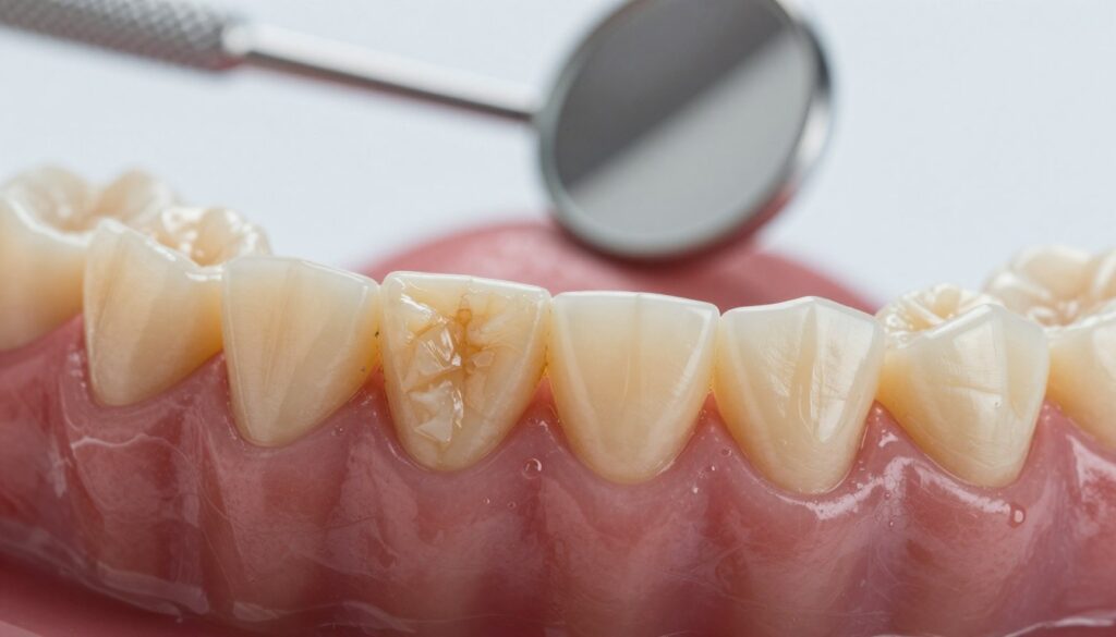 A close-up view of a set of human teeth affected by dental calculus, emphasizing yellowish-brown tartar buildup along the gum line. In the foreground, focus on a tooth showing detailed texture of the hardened plaque, with glistening surfaces reflecting soft light. The middle section should illustrate healthy gums contrasted against the calculus, capturing the potential risk to gingival health. In the background, lightly blurred dental tools, such as a scaler or dental mirror, hint at oral care. Use soft, natural lighting to create a clinical yet educational atmosphere, shot from a slightly elevated angle to showcase the intricacies of dental health. The overall mood should be enlightening and informative, encouraging good oral hygiene practices. A close-up view of a set of human teeth affected by dental calculus, emphasizing yellowish-brown tartar buildup along the gum line. In the foreground, focus on a tooth showing detailed texture of the hardened plaque, with glistening surfaces reflecting soft light. The middle section should illustrate healthy gums contrasted against the calculus, capturing the potential risk to gingival health. In the background, lightly blurred dental tools, such as a scaler or dental mirror, hint at oral care. Use soft, natural lighting to create a clinical yet educational atmosphere, shot from a slightly elevated angle to showcase the intricacies of dental health. The overall mood should be enlightening and informative, encouraging good oral hygiene practices.