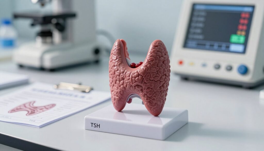 A close-up view of a thyroid gland model situated on a clean, modern laboratory countertop. The thyroid gland is intricately detailed, showcasing its unique shape and texture, surrounded by medical charts depicting TSH levels. In the background, softly blurred, are lab equipment and a digital display showing hormone levels, adding to the clinical atmosphere. The lighting is bright but soft, emphasizing the focus on the thyroid model, casting gentle shadows to enhance depth. A warm, informative mood pervades the scene, suggesting the importance of thyroid health in pregnancy. The image captures a sense of professionalism, designed for educational purposes in a medical context.