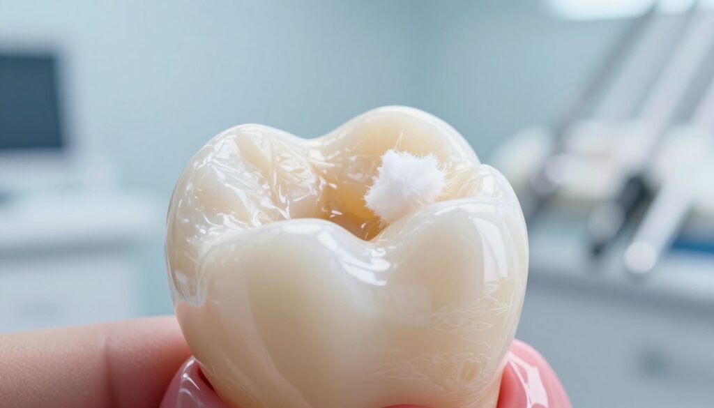 A close-up view of a tooth with a visible cavity, the interior filled with temporary dental filling material, such as a piece of cotton or dental wax, symbolizing urgent dental care. In the foreground, soft lighting highlights the tooth's surface and the filling, showcasing the texture and detail. The background is a blurred dental clinic setting, with light blue walls and dental tools subtly suggested to instill a sense of professionalism and care. The atmosphere is calm and reassuring, emphasizing the importance of temporary dental solutions. The image should focus on the tooth and filling, showcasing the details clearly, with no people present. A close-up view of a tooth with a visible cavity, the interior filled with temporary dental filling material, such as a piece of cotton or dental wax, symbolizing urgent dental care. In the foreground, soft lighting highlights the tooth's surface and the filling, showcasing the texture and detail. The background is a blurred dental clinic setting, with light blue walls and dental tools subtly suggested to instill a sense of professionalism and care. The atmosphere is calm and reassuring, emphasizing the importance of temporary dental solutions. The image should focus on the tooth and filling, showcasing the details clearly, with no people present.