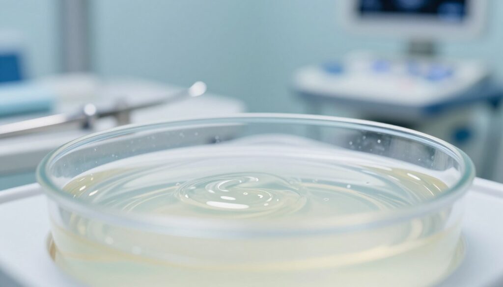 A close-up view of amniotic fluid in a clear medical environment, showcasing its viscous, translucent nature. In the foreground, the fluid appears shimmering under bright, sterile lighting, creating a sense of clarity and purity. The middle ground features medical instruments and ultrasound equipment subtly blurred, suggesting a clinical setting. The background is softly lit to evoke a serene and calm atmosphere, emphasizing the importance of prenatal care. The color palette is gentle, with soft blues and whites dominating the scene. The image captures a sense of professionalism and reassurance, promoting the understanding of fetal development and the factors influencing its assessment. A close-up view of amniotic fluid in a clear medical environment, showcasing its viscous, translucent nature. In the foreground, the fluid appears shimmering under bright, sterile lighting, creating a sense of clarity and purity. The middle ground features medical instruments and ultrasound equipment subtly blurred, suggesting a clinical setting. The background is softly lit to evoke a serene and calm atmosphere, emphasizing the importance of prenatal care. The color palette is gentle, with soft blues and whites dominating the scene. The image captures a sense of professionalism and reassurance, promoting the understanding of fetal development and the factors influencing its assessment.