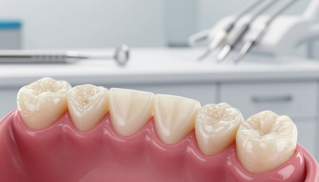 A close-up view of an oral cavity displaying early warning signs of dental caries. The foreground features a clear, detailed image of teeth with visible white spots and slight discoloration, indicating early decay. In the middle ground, a careful examination of the gums reveals slight inflammation and redness. The background consists of a soft-focus dental office setting, with professional dental tools subtly arranged on a countertop. The lighting is bright yet soft, creating a sterile and clinical atmosphere. The image is captured from an angled perspective, simulating a dentist's view during an examination. The overall mood is informative and clinical, emphasizing dental health awareness without any people present. Ensure the image maintains a realistic and educational tone. A close-up view of an oral cavity displaying early warning signs of dental caries. The foreground features a clear, detailed image of teeth with visible white spots and slight discoloration, indicating early decay. In the middle ground, a careful examination of the gums reveals slight inflammation and redness. The background consists of a soft-focus dental office setting, with professional dental tools subtly arranged on a countertop. The lighting is bright yet soft, creating a sterile and clinical atmosphere. The image is captured from an angled perspective, simulating a dentist's view during an examination. The overall mood is informative and clinical, emphasizing dental health awareness without any people present. Ensure the image maintains a realistic and educational tone.