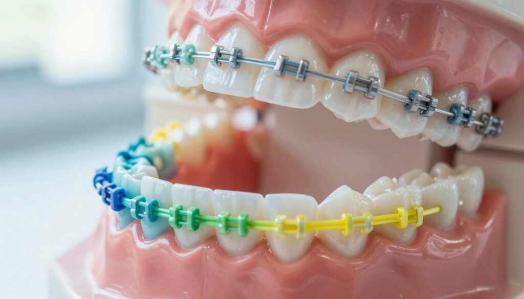 A close-up view of colorful orthodontic ligatures in various shades arranged on a dental model showcasing braces. The foreground features a vibrant assortment of ligature colors, some bright and cheerful like light blue, mint green, and sunny yellow, suggesting optical brightness for teeth. The middle layer includes a polished set of pearly white teeth within clear braces, highlighting the ligatures' contrast against the teeth. The background is softly blurred, with a subtle hint of a dental clinic environment, illuminated by natural light filtering through a window, creating a professional and inviting atmosphere. The image is sharply focused, capturing the details of the ligatures and the dental model, conveying a sense of innovation in orthodontics. A close-up view of colorful orthodontic ligatures in various shades arranged on a dental model showcasing braces. The foreground features a vibrant assortment of ligature colors, some bright and cheerful like light blue, mint green, and sunny yellow, suggesting optical brightness for teeth. The middle layer includes a polished set of pearly white teeth within clear braces, highlighting the ligatures' contrast against the teeth. The background is softly blurred, with a subtle hint of a dental clinic environment, illuminated by natural light filtering through a window, creating a professional and inviting atmosphere. The image is sharply focused, capturing the details of the ligatures and the dental model, conveying a sense of innovation in orthodontics.