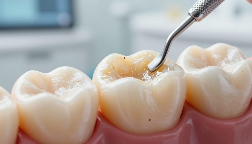 A close-up view of dental calculus, depicting hardened plaque on a tooth surface, in realistic detail. The foreground features a tooth with visible, yellowish-brown tartar buildup, highlighting its textured surface. The middle ground shows a spotless dental tool used for removal, positioned adjacent to the tooth. The background is softly blurred, with hints of a dental clinic environment, emphasizing cleanliness and professionalism. Soft, natural lighting illuminates the scene to enhance the textures and colors, creating a clinical and educational atmosphere. The composition is shot at a slight angle to showcase depth, conveying a sense of seriousness about dental health and the importance of hygiene. A close-up view of dental calculus, depicting hardened plaque on a tooth surface, in realistic detail. The foreground features a tooth with visible, yellowish-brown tartar buildup, highlighting its textured surface. The middle ground shows a spotless dental tool used for removal, positioned adjacent to the tooth. The background is softly blurred, with hints of a dental clinic environment, emphasizing cleanliness and professionalism. Soft, natural lighting illuminates the scene to enhance the textures and colors, creating a clinical and educational atmosphere. The composition is shot at a slight angle to showcase depth, conveying a sense of seriousness about dental health and the importance of hygiene.