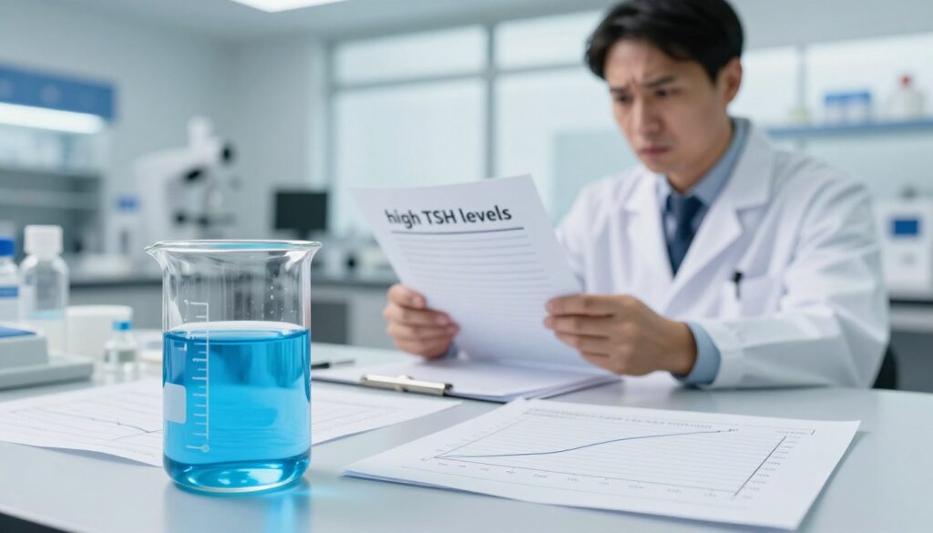 A conceptual illustration depicting the concept of "high TSH levels" in a medical context. In the foreground, a clear glass beaker filled with a vibrant blue liquid, symbolizing thyroid hormones, sits on a lab counter. Surrounding the beaker, several medical charts featuring graphs showing elevated TSH levels are spread out. In the middle ground, a healthcare professional in a white lab coat analyzes these charts with a concerned expression, embodying the weight of the subject matter. The background includes a softly blurred laboratory setting, illuminated by natural light from large windows, creating a calm yet focused atmosphere. The image should exude a serious mood, emphasizing the health implications of high TSH levels, while remaining professional and educational in tone. A conceptual illustration depicting the concept of "high TSH levels" in a medical context. In the foreground, a clear glass beaker filled with a vibrant blue liquid, symbolizing thyroid hormones, sits on a lab counter. Surrounding the beaker, several medical charts featuring graphs showing elevated TSH levels are spread out. In the middle ground, a healthcare professional in a white lab coat analyzes these charts with a concerned expression, embodying the weight of the subject matter. The background includes a softly blurred laboratory setting, illuminated by natural light from large windows, creating a calm yet focused atmosphere. The image should exude a serious mood, emphasizing the health implications of high TSH levels, while remaining professional and educational in tone.