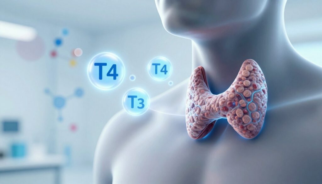 A conceptual illustration depicting the role of thyroid hormones in the body, with a focus on low TSH levels. In the foreground, show a detailed, anatomical representation of a human thyroid gland, glowing softly with a bluish hue to signify hormone activity. In the middle, include vibrant illustrations of thyroid hormones like T3 and T4, represented as ethereal orbs swirling around the gland. The background should feature a soft-focus, abstract pattern of medical graphics, such as charts or molecular structures, suggesting a clinical environment. Utilize bright, clean lighting with a slightly cool tone to evoke a sense of professionalism and clarity, while maintaining a calm and informative atmosphere. The angle should be from a slightly elevated perspective to emphasize the thyroid’s importance in the human body. A conceptual illustration depicting the role of thyroid hormones in the body, with a focus on low TSH levels. In the foreground, show a detailed, anatomical representation of a human thyroid gland, glowing softly with a bluish hue to signify hormone activity. In the middle, include vibrant illustrations of thyroid hormones like T3 and T4, represented as ethereal orbs swirling around the gland. The background should feature a soft-focus, abstract pattern of medical graphics, such as charts or molecular structures, suggesting a clinical environment. Utilize bright, clean lighting with a slightly cool tone to evoke a sense of professionalism and clarity, while maintaining a calm and informative atmosphere. The angle should be from a slightly elevated perspective to emphasize the thyroid’s importance in the human body.