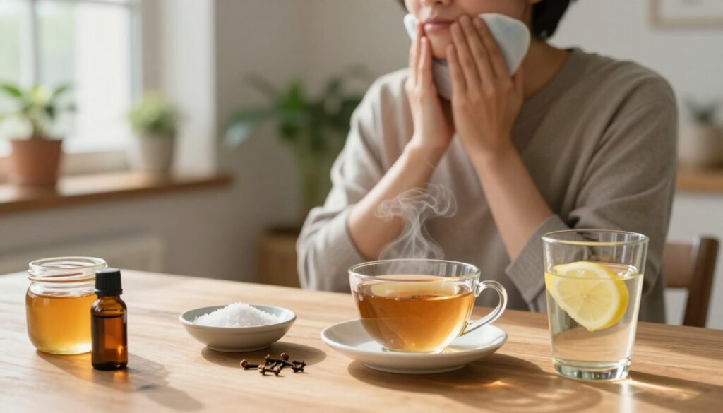 A cozy home setting with warm natural light streaming in through a window, creating a soft and inviting atmosphere. In the foreground, a wooden dining table is adorned with various natural remedies to alleviate tooth pain: a steaming cup of herbal tea, a small bowl of salt, and a glass of warm water with a few lemon slices. A close-up of clove oil and an open jar of honey are also present, hinting at their soothing properties. In the middle ground, a person, dressed in casual attire, looks relaxed and holds a warm compress against their cheek, illustrating a moment of care. The background subtly features houseplants, enhancing the peaceful and homey vibe, emphasizing the theme of home remedies. The overall mood is serene and comforting, conveying a sense of hope and relief. A cozy home setting with warm natural light streaming in through a window, creating a soft and inviting atmosphere. In the foreground, a wooden dining table is adorned with various natural remedies to alleviate tooth pain: a steaming cup of herbal tea, a small bowl of salt, and a glass of warm water with a few lemon slices. A close-up of clove oil and an open jar of honey are also present, hinting at their soothing properties. In the middle ground, a person, dressed in casual attire, looks relaxed and holds a warm compress against their cheek, illustrating a moment of care. The background subtly features houseplants, enhancing the peaceful and homey vibe, emphasizing the theme of home remedies. The overall mood is serene and comforting, conveying a sense of hope and relief.
