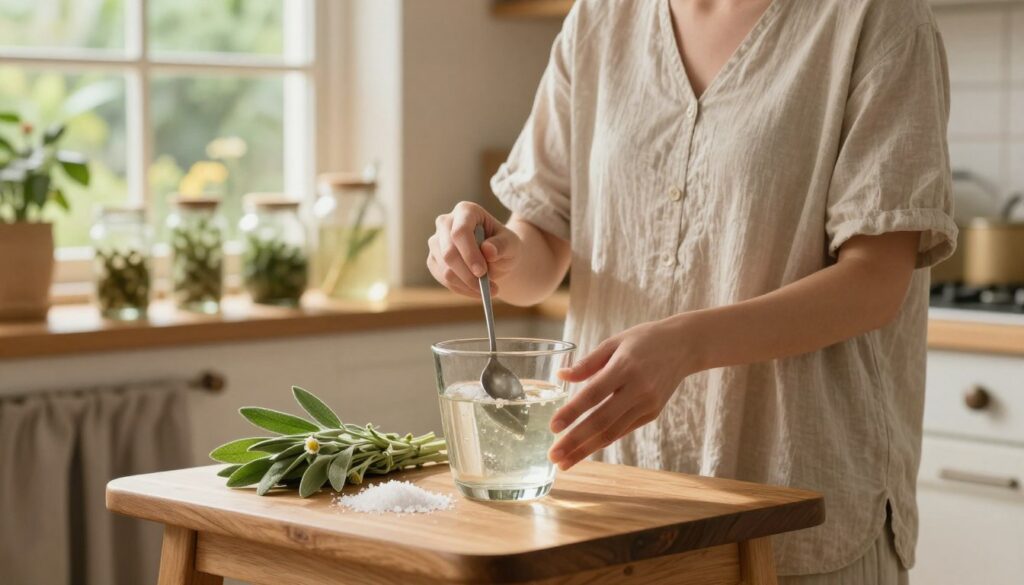 A cozy kitchen scene featuring a person, wearing a modest casual outfit, preparing a herbal and salt rinse for oral hygiene. In the foreground, a small wooden table holds a glass filled with warm, clear water and a teaspoon of salt, alongside a selection of fresh herbs like sage and chamomile. The middle ground showcases the person, focused and peaceful, gently stirring the mixture with a spoon. The background displays a softly lit kitchen with shelves stocked with various jars of herbs and a window revealing a lush garden outside, creating a calm and inviting atmosphere. The lighting is warm and natural, cast from the window, enhancing the soothing feel of the image. The overall mood is serene and restorative. A cozy kitchen scene featuring a person, wearing a modest casual outfit, preparing a herbal and salt rinse for oral hygiene. In the foreground, a small wooden table holds a glass filled with warm, clear water and a teaspoon of salt, alongside a selection of fresh herbs like sage and chamomile. The middle ground showcases the person, focused and peaceful, gently stirring the mixture with a spoon. The background displays a softly lit kitchen with shelves stocked with various jars of herbs and a window revealing a lush garden outside, creating a calm and inviting atmosphere. The lighting is warm and natural, cast from the window, enhancing the soothing feel of the image. The overall mood is serene and restorative.