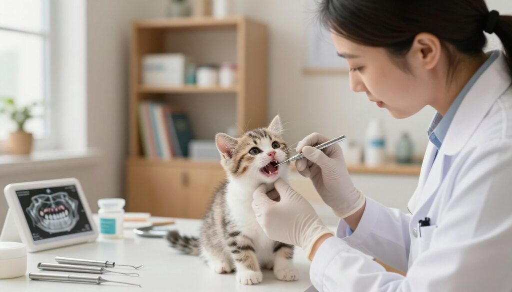A cozy veterinary office setting where a veterinarian gently examines a kitten's teeth for dental diagnostics. In the foreground, a focused veterinarian, dressed in a white lab coat and wearing gloves, is holding a dental tool while peering into the kitten's mouth. The kitten is fluffy and curious, with distinct features showcasing its baby teeth. In the middle ground, a veterinary table is visible, cluttered with dental instruments, and a dental chart can be glimpsed. The background features soft, warmly lit shelves filled with veterinary supplies and pet care books. The atmosphere feels calm and supportive, with natural light streaming in through a window, creating a nurturing environment for both the kitten and the veterinarian.