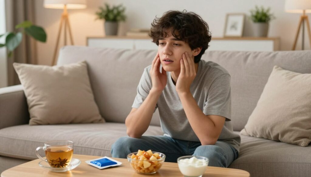 A cozy, warmly lit living room setting featuring a young person sitting on a comfortable sofa, looking slightly uncomfortable while adjusting their orthodontic braces. In the foreground, a small coffee table contains items like a warm herbal tea, a cold compress, and a small bowl of soft foods like applesauce and yogurt, suggesting home remedies for dental discomfort. The middle section showcases the young person gently touching their cheeks, with a thoughtful expression, highlighting the theme of discomfort. In the background, a few calming decorations like houseplants and soft pillows create a soothing atmosphere. The lighting is soft and warm, enhancing the mood of home comfort and care. A cozy, warmly lit living room setting featuring a young person sitting on a comfortable sofa, looking slightly uncomfortable while adjusting their orthodontic braces. In the foreground, a small coffee table contains items like a warm herbal tea, a cold compress, and a small bowl of soft foods like applesauce and yogurt, suggesting home remedies for dental discomfort. The middle section showcases the young person gently touching their cheeks, with a thoughtful expression, highlighting the theme of discomfort. In the background, a few calming decorations like houseplants and soft pillows create a soothing atmosphere. The lighting is soft and warm, enhancing the mood of home comfort and care.