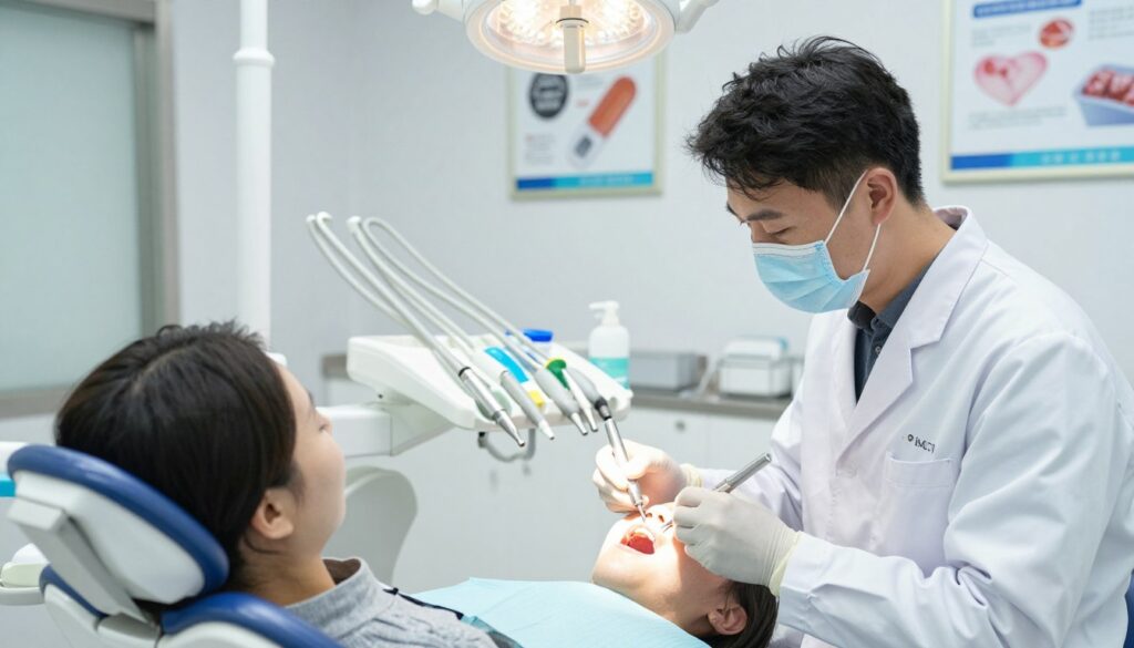 A dental clinic interior showcasing a professional treatment setup for filling a tooth cavity. In the foreground, a dentist in a clean, white coat and protective gloves is gently working on a patient's mouth with modern dental tools. The patient, seated comfortably in a dental chair, is wearing a relaxed expression. In the middle ground, a well-organized dental workstation displays various dental instruments and materials for cavity treatment. The background features bright, sterile lighting that emphasizes cleanliness, along with framed dental safety posters on the walls. The scene exudes a calm and professional atmosphere, highlighting the care and expertise involved in modern dental practices. A dental clinic interior showcasing a professional treatment setup for filling a tooth cavity. In the foreground, a dentist in a clean, white coat and protective gloves is gently working on a patient's mouth with modern dental tools. The patient, seated comfortably in a dental chair, is wearing a relaxed expression. In the middle ground, a well-organized dental workstation displays various dental instruments and materials for cavity treatment. The background features bright, sterile lighting that emphasizes cleanliness, along with framed dental safety posters on the walls. The scene exudes a calm and professional atmosphere, highlighting the care and expertise involved in modern dental practices.