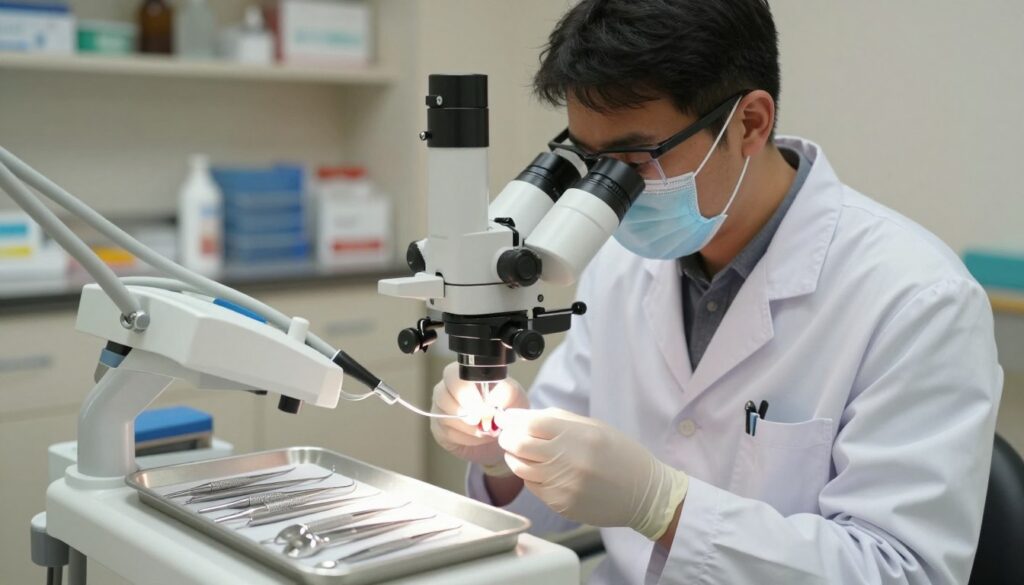 A dental clinic setting featuring a microscope focused on a tooth undergoing a retreatment procedure. In the foreground, the small, intricate dental tools are arranged neatly on a tray, illuminated by bright, sterile lighting that emphasizes cleanliness. The middle ground showcases a dental professional in a lab coat and protective eyewear, intently examining the tooth through the microscope. The background reveals shelves with dental supplies and a calming, neutral-colored wall, creating a professional atmosphere. The mood is focused and precise, highlighting the meticulous nature of the endodontic procedure. Soft shadows enhance the depth of the scene, capturing the seriousness yet hopefulness of saving a tooth through retreatment.
