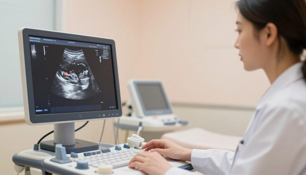 A detailed 3D ultrasound image showing a developing baby in utero. The baby is positioned clearly for gender recognition, with the body and facial features distinct and gently illuminated by soft, diffused lighting. In the foreground, emphasize the ultrasound screen displaying the detailed baby image, while the middle ground features a medical professional, a doctor, in a white coat, examining the ultrasound results with an attentive expression. In the background, a calming clinic environment with gentle pastel colors and medical equipment subtly included. The atmosphere is professional and informative, designed to convey trust and knowledge about gender recognition during pregnancy. Include warm, inviting light to create a sense of hope and anticipation. A detailed 3D ultrasound image showing a developing baby in utero. The baby is positioned clearly for gender recognition, with the body and facial features distinct and gently illuminated by soft, diffused lighting. In the foreground, emphasize the ultrasound screen displaying the detailed baby image, while the middle ground features a medical professional, a doctor, in a white coat, examining the ultrasound results with an attentive expression. In the background, a calming clinic environment with gentle pastel colors and medical equipment subtly included. The atmosphere is professional and informative, designed to convey trust and knowledge about gender recognition during pregnancy. Include warm, inviting light to create a sense of hope and anticipation.