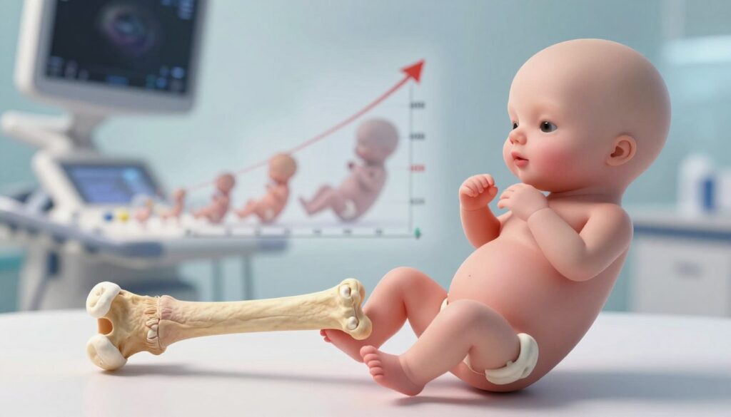A detailed anatomical illustration of a fetal femur bone, emphasizing the length and development stages. In the foreground, a realistic 3D representation of the femur is displayed, showcasing its length in relation to other fetal bones. The middle ground features a soft-focus scientific chart highlighting growth milestones, with colored markers indicating gestational weeks. The background is a blurred healthcare setting, with subtle hints of ultrasound equipment, creating a clinical atmosphere. Natural, diffused lighting casts gentle shadows, enhancing the three-dimensional effect. The image should convey a mood of informed examination and professional analysis, suitable for medical interpretation and educational use. No text or watermarks are present.