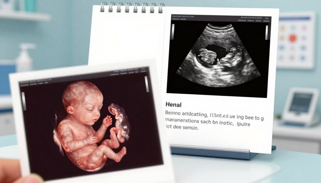 A detailed and informative illustration depicting the concept of fetal age discrepancies. In the foreground, a close-up view of a high-resolution ultrasound image showcasing a developing fetus, highlighting distinct features like limbs and facial profile, demonstrating the progression of growth. In the middle ground, a split view showing a calendar page with the date of the last menstrual period marked and notes on typical gestation periods alongside the ultrasound imagery. In the background, a soft-focus clinical setting with medical equipment and charts subtly visible, conveying a sterile yet professional environment. The lighting should be bright but gentle, with a focus on clarity and detail, evoking a sense of hope and professionalism. The overall atmosphere should be informative and insightful, perfect for a medical article context.
