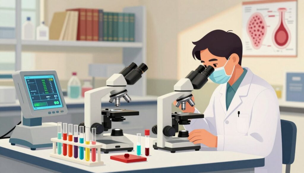 A detailed and informative illustration representing the role of accompanying parameters in health assessment. In the foreground, a laboratory table showcases various medical equipment like a microscope, test tubes filled with colorful liquids, and a digital display showing numerical health data. The middle ground features a professional healthcare worker in a lab coat, intently analyzing blood samples under the microscope, embodying focus and expertise. The background depicts a softly lit laboratory environment with shelves filled with medical textbooks and charts on blood morphology, enhancing the theme of research and analysis. The lighting is warm and inviting, creating a mood of professionalism and discovery, while ensuring clarity in each element. The composition should convey a sense of importance in understanding health indicators through visual examination.